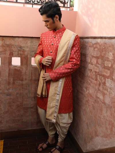 Red & Beige Printed Sherwani Set Indian Clothing in Denver, CO, Aurora, CO, Boulder, CO, Fort Collins, CO, Colorado Springs, CO, Parker, CO, Highlands Ranch, CO, Cherry Creek, CO, Centennial, CO, and Longmont, CO. NATIONWIDE SHIPPING USA- India Fashion X