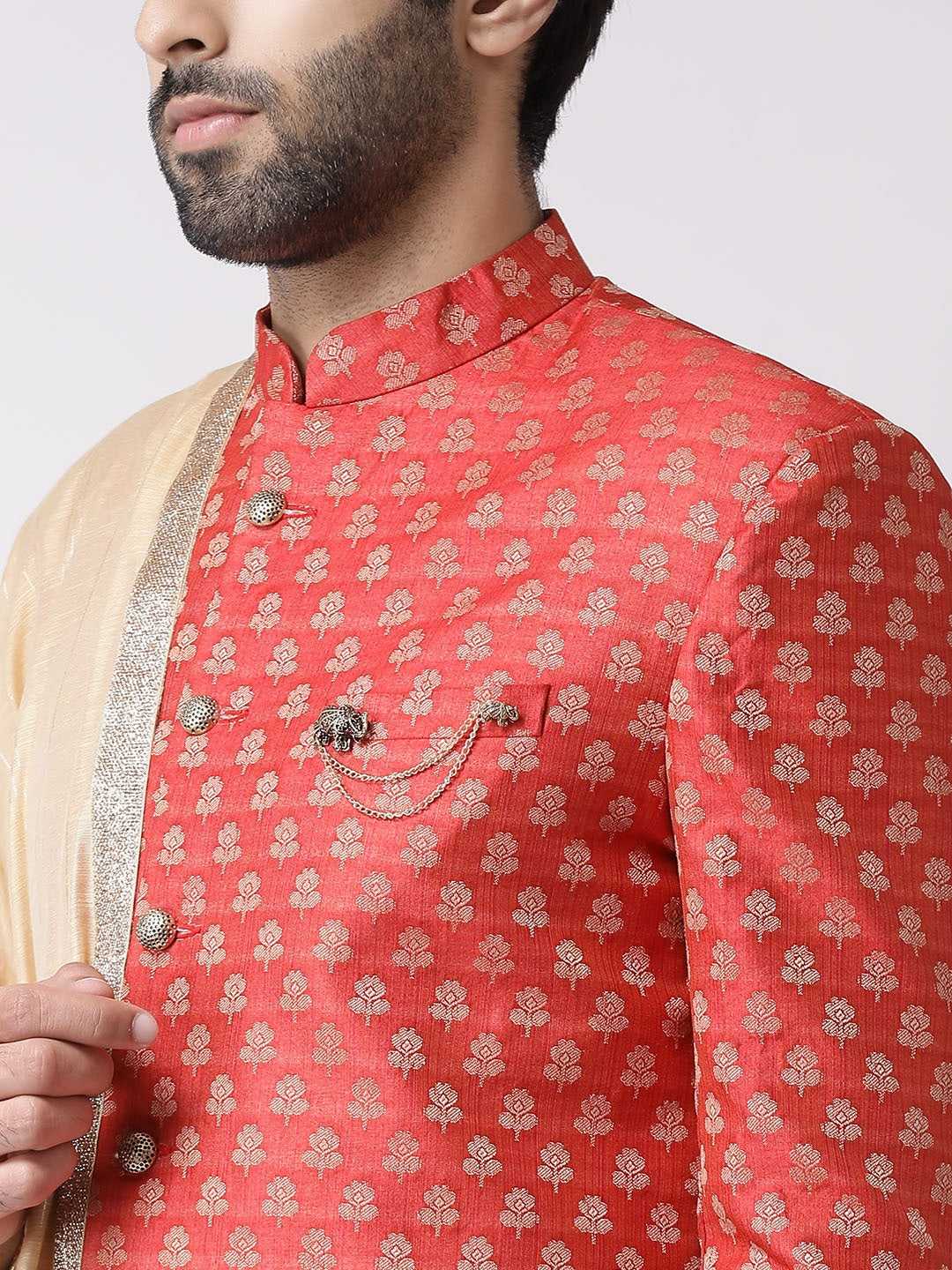 Red & Beige Printed Sherwani Set Indian Clothing in Denver, CO, Aurora, CO, Boulder, CO, Fort Collins, CO, Colorado Springs, CO, Parker, CO, Highlands Ranch, CO, Cherry Creek, CO, Centennial, CO, and Longmont, CO. NATIONWIDE SHIPPING USA- India Fashion X