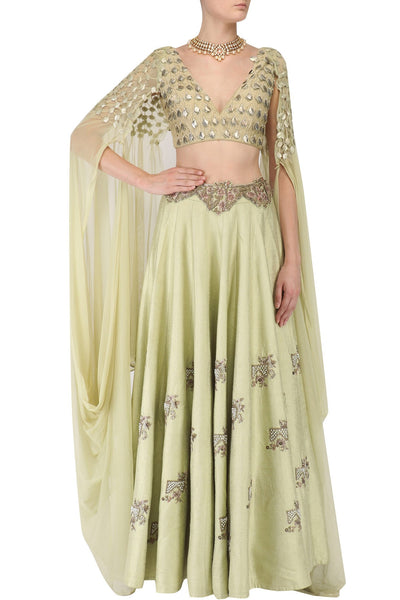 Uncaged Crop Tea Green Lehenga - Indian Clothing in Denver, CO, Aurora, CO, Boulder, CO, Fort Collins, CO, Colorado Springs, CO, Parker, CO, Highlands Ranch, CO, Cherry Creek, CO, Centennial, CO, and Longmont, CO. Nationwide shipping USA - India Fashion X
