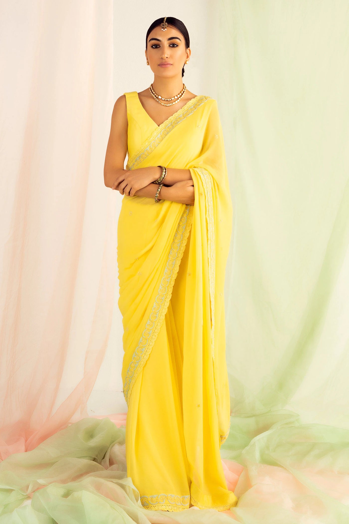 Yellow Lace Belted Saree - Indian Clothing in Denver, CO, Aurora, CO, Boulder, CO, Fort Collins, CO, Colorado Springs, CO, Parker, CO, Highlands Ranch, CO, Cherry Creek, CO, Centennial, CO, and Longmont, CO. Nationwide shipping USA - India Fashion X