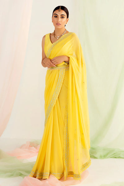 Yellow Lace Belted Saree - Indian Clothing in Denver, CO, Aurora, CO, Boulder, CO, Fort Collins, CO, Colorado Springs, CO, Parker, CO, Highlands Ranch, CO, Cherry Creek, CO, Centennial, CO, and Longmont, CO. Nationwide shipping USA - India Fashion X