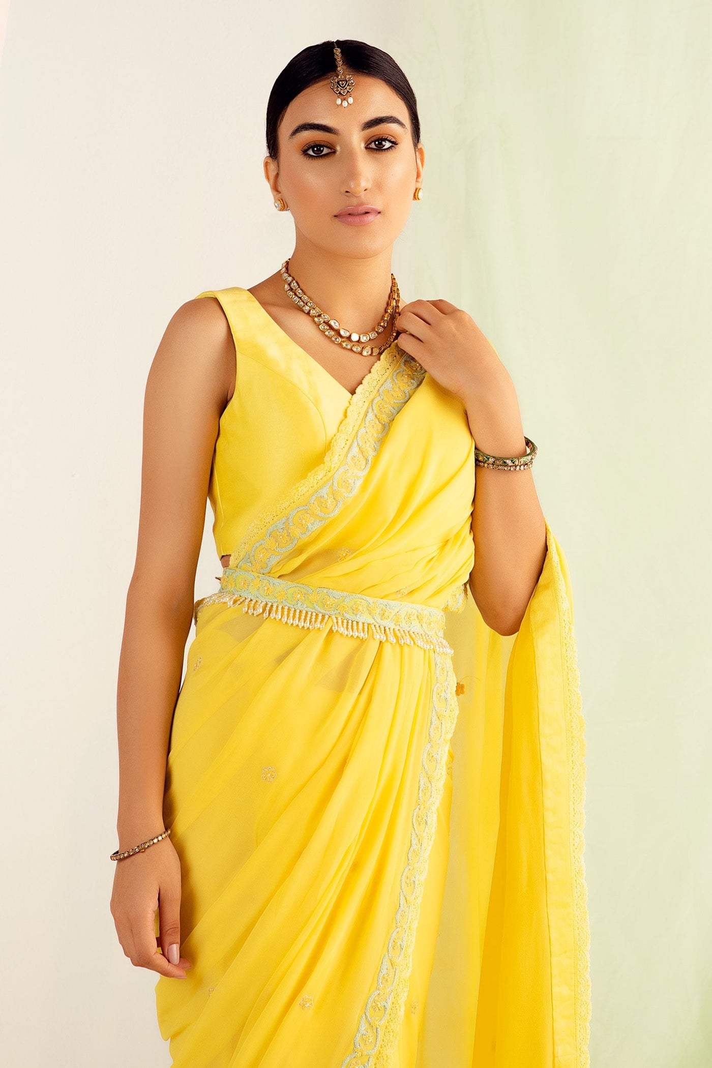 Yellow Lace Belted Saree - Indian Clothing in Denver, CO, Aurora, CO, Boulder, CO, Fort Collins, CO, Colorado Springs, CO, Parker, CO, Highlands Ranch, CO, Cherry Creek, CO, Centennial, CO, and Longmont, CO. Nationwide shipping USA - India Fashion X