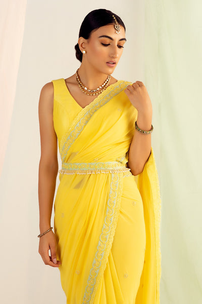 Yellow Lace Belted Saree - Indian Clothing in Denver, CO, Aurora, CO, Boulder, CO, Fort Collins, CO, Colorado Springs, CO, Parker, CO, Highlands Ranch, CO, Cherry Creek, CO, Centennial, CO, and Longmont, CO. Nationwide shipping USA - India Fashion X