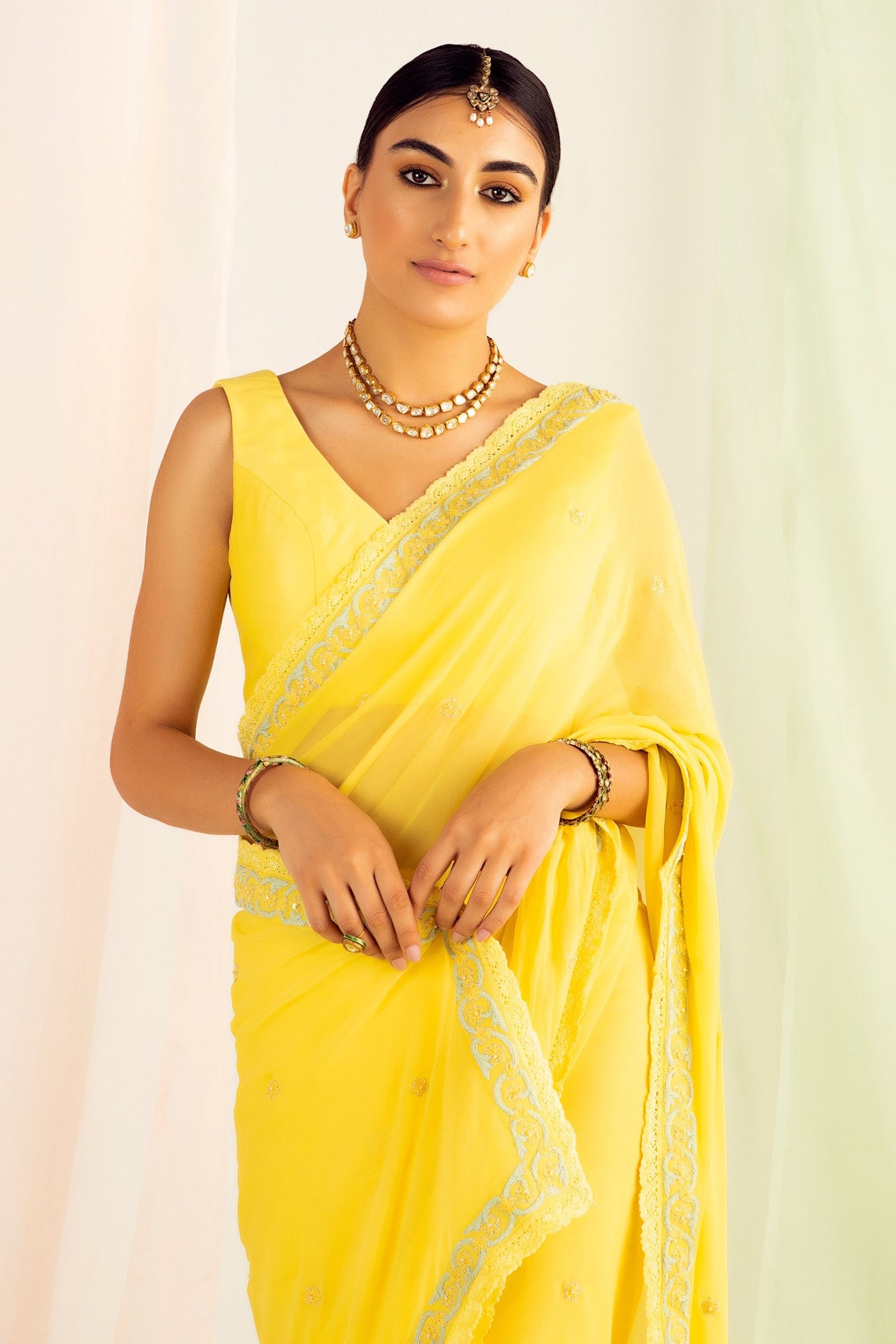 Yellow Lace Belted Saree - Indian Clothing in Denver, CO, Aurora, CO, Boulder, CO, Fort Collins, CO, Colorado Springs, CO, Parker, CO, Highlands Ranch, CO, Cherry Creek, CO, Centennial, CO, and Longmont, CO. Nationwide shipping USA - India Fashion X