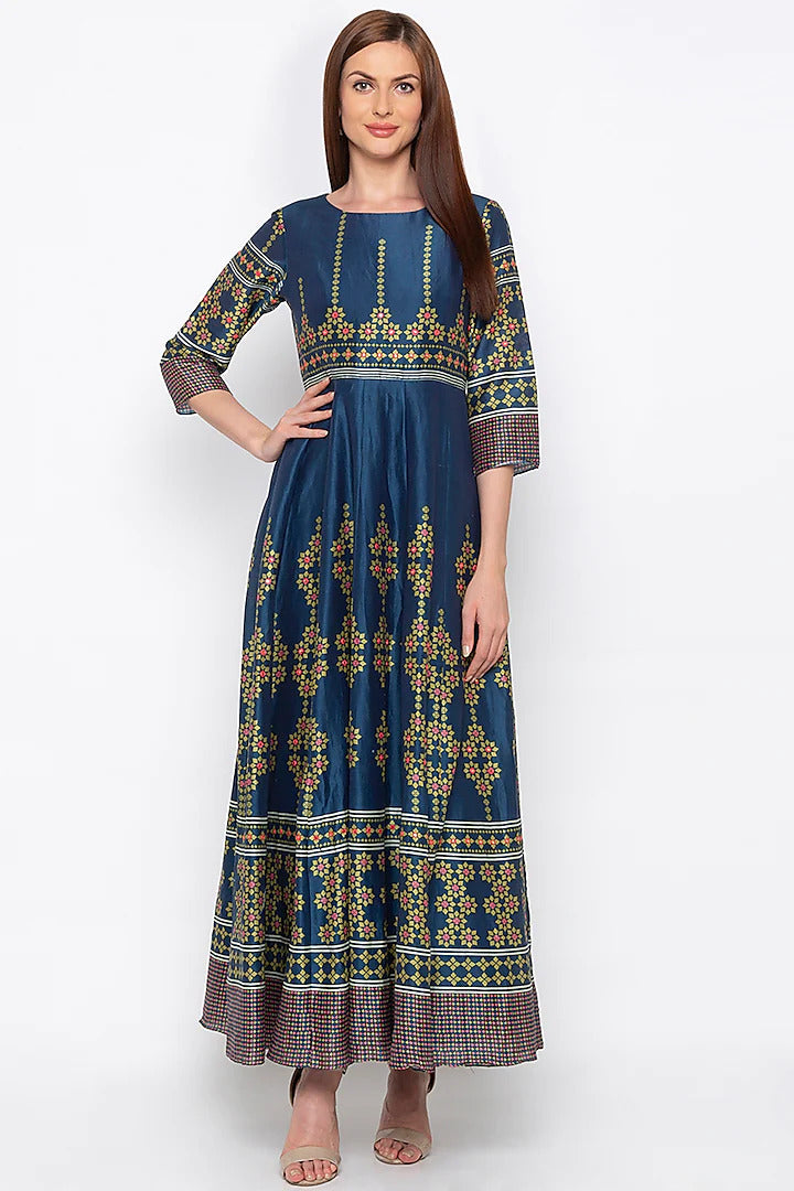Blue Print & Embroidered Anarkali - Indian Clothing in Denver, CO, Aurora, CO, Boulder, CO, Fort Collins, CO, Colorado Springs, CO, Parker, CO, Highlands Ranch, CO, Cherry Creek, CO, Centennial, CO, and Longmont, CO. Nationwide shipping USA - India Fashion X