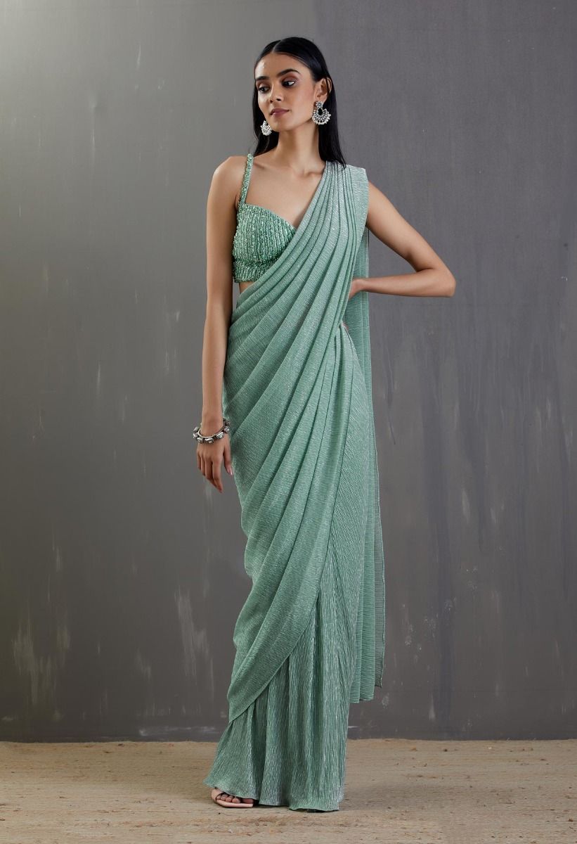 Sea Green Pre-Draped Saree Set - Indian Clothing in Denver, CO, Aurora, CO, Boulder, CO, Fort Collins, CO, Colorado Springs, CO, Parker, CO, Highlands Ranch, CO, Cherry Creek, CO, Centennial, CO, and Longmont, CO. Nationwide shipping USA - India Fashion X