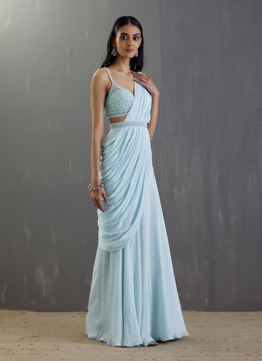 Sky Blue Pre-Draped Saree Set - Indian Clothing in Denver, CO, Aurora, CO, Boulder, CO, Fort Collins, CO, Colorado Springs, CO, Parker, CO, Highlands Ranch, CO, Cherry Creek, CO, Centennial, CO, and Longmont, CO. Nationwide shipping USA - India Fashion X