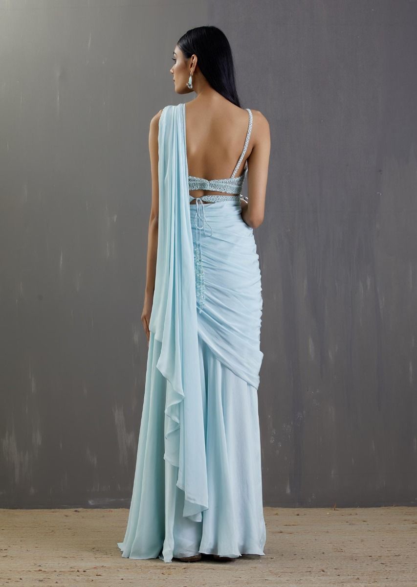 Sky Blue Pre-Draped Saree Set - Indian Clothing in Denver, CO, Aurora, CO, Boulder, CO, Fort Collins, CO, Colorado Springs, CO, Parker, CO, Highlands Ranch, CO, Cherry Creek, CO, Centennial, CO, and Longmont, CO. Nationwide shipping USA - India Fashion X