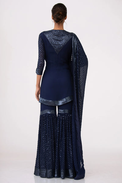 Navy Blue Sequins Sharara Set - Indian Clothing in Denver, CO, Aurora, CO, Boulder, CO, Fort Collins, CO, Colorado Springs, CO, Parker, CO, Highlands Ranch, CO, Cherry Creek, CO, Centennial, CO, and Longmont, CO. Nationwide shipping USA - India Fashion X