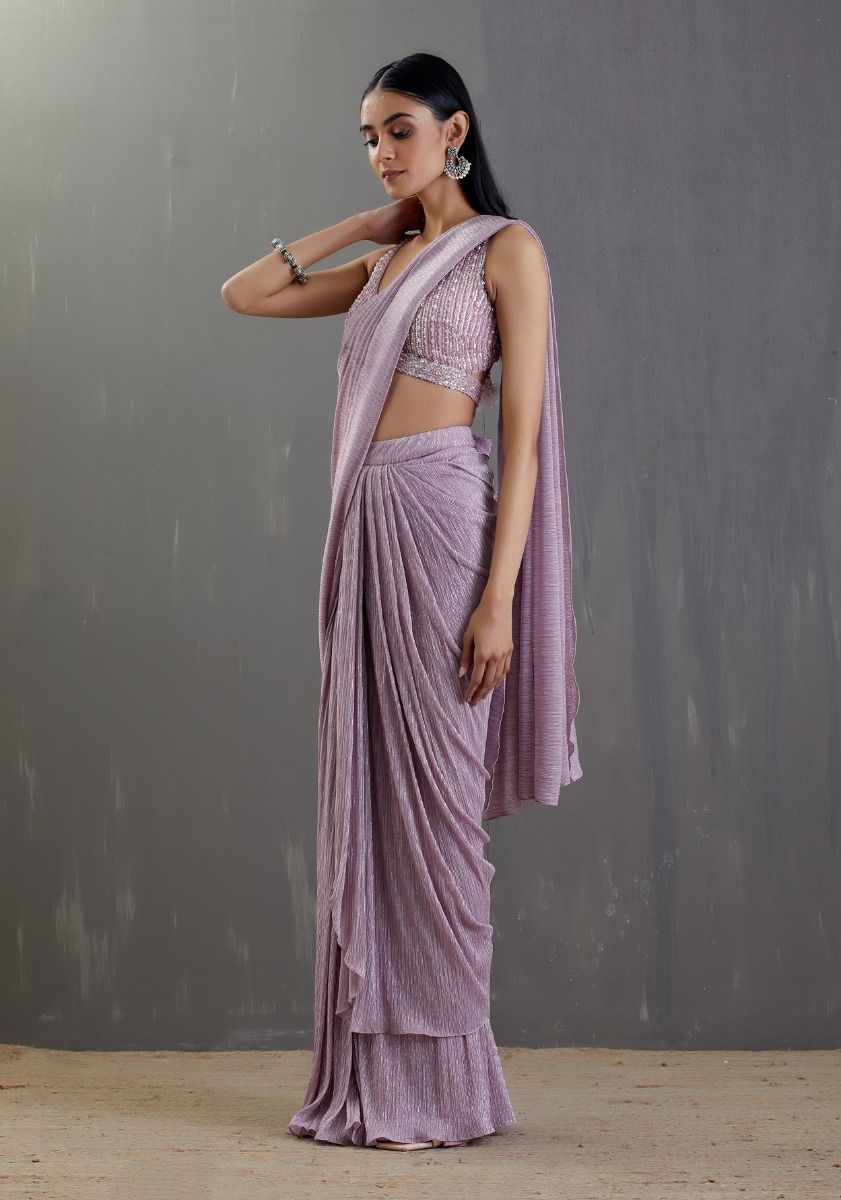 Lilac Pre-Draped Saree Set - Indian Clothing in Denver, CO, Aurora, CO, Boulder, CO, Fort Collins, CO, Colorado Springs, CO, Parker, CO, Highlands Ranch, CO, Cherry Creek, CO, Centennial, CO, and Longmont, CO. Nationwide shipping USA - India Fashion X