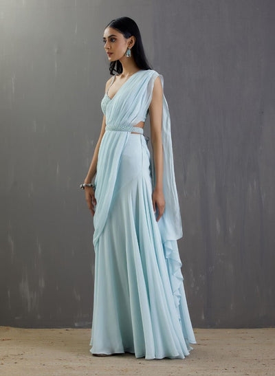 Sky Blue Pre-Draped Saree Set - Indian Clothing in Denver, CO, Aurora, CO, Boulder, CO, Fort Collins, CO, Colorado Springs, CO, Parker, CO, Highlands Ranch, CO, Cherry Creek, CO, Centennial, CO, and Longmont, CO. Nationwide shipping USA - India Fashion X