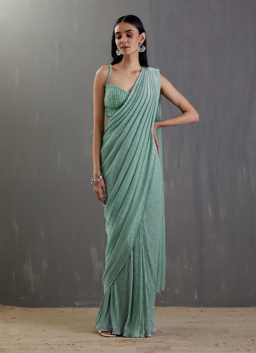 Sea Green Pre-Draped Saree Set - Indian Clothing in Denver, CO, Aurora, CO, Boulder, CO, Fort Collins, CO, Colorado Springs, CO, Parker, CO, Highlands Ranch, CO, Cherry Creek, CO, Centennial, CO, and Longmont, CO. Nationwide shipping USA - India Fashion X