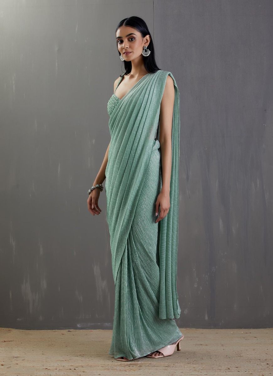 Sea Green Pre-Draped Saree Set - Indian Clothing in Denver, CO, Aurora, CO, Boulder, CO, Fort Collins, CO, Colorado Springs, CO, Parker, CO, Highlands Ranch, CO, Cherry Creek, CO, Centennial, CO, and Longmont, CO. Nationwide shipping USA - India Fashion X