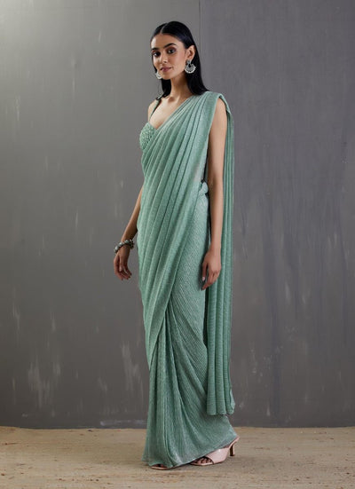 Sea Green Pre-Draped Saree Set - Indian Clothing in Denver, CO, Aurora, CO, Boulder, CO, Fort Collins, CO, Colorado Springs, CO, Parker, CO, Highlands Ranch, CO, Cherry Creek, CO, Centennial, CO, and Longmont, CO. Nationwide shipping USA - India Fashion X