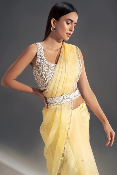 Yellow Suede Scallop Saree - Indian Clothing in Denver, CO, Aurora, CO, Boulder, CO, Fort Collins, CO, Colorado Springs, CO, Parker, CO, Highlands Ranch, CO, Cherry Creek, CO, Centennial, CO, and Longmont, CO. Nationwide shipping USA - India Fashion X