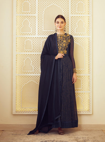 Navy Blue Anarkali Set Indian Clothing in Denver, CO, Aurora, CO, Boulder, CO, Fort Collins, CO, Colorado Springs, CO, Parker, CO, Highlands Ranch, CO, Cherry Creek, CO, Centennial, CO, and Longmont, CO. NATIONWIDE SHIPPING USA- India Fashion X