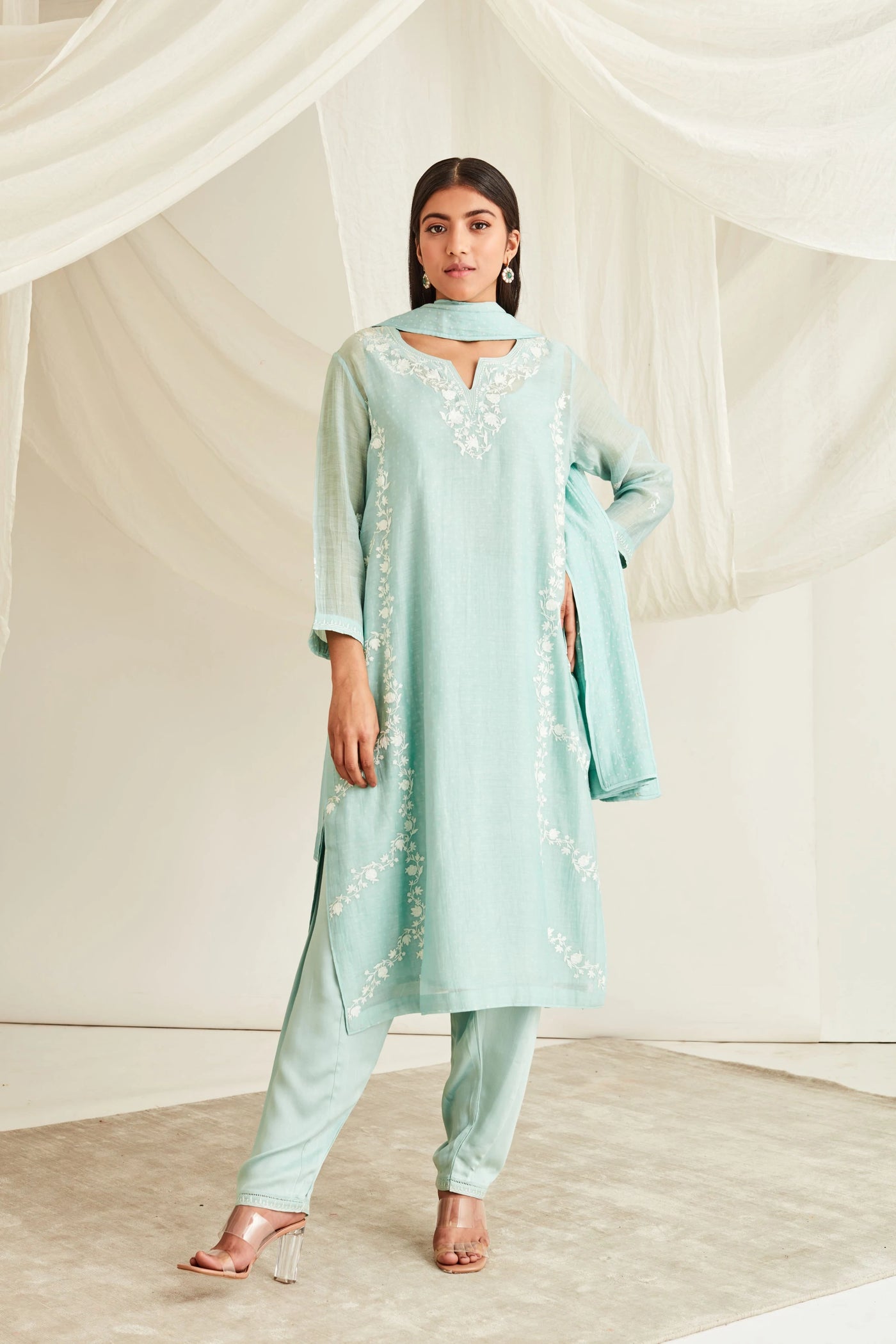 Mint Green-Ivory Suit Set - Indian Clothing in Denver, CO, Aurora, CO, Boulder, CO, Fort Collins, CO, Colorado Springs, CO, Parker, CO, Highlands Ranch, CO, Cherry Creek, CO, Centennial, CO, and Longmont, CO. Nationwide shipping USA - India Fashion X
