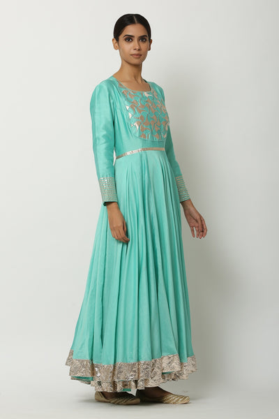 Green Chanderi Anarkali Set - Indian Clothing in Denver, CO, Aurora, CO, Boulder, CO, Fort Collins, CO, Colorado Springs, CO, Parker, CO, Highlands Ranch, CO, Cherry Creek, CO, Centennial, CO, and Longmont, CO. Nationwide shipping USA - India Fashion X