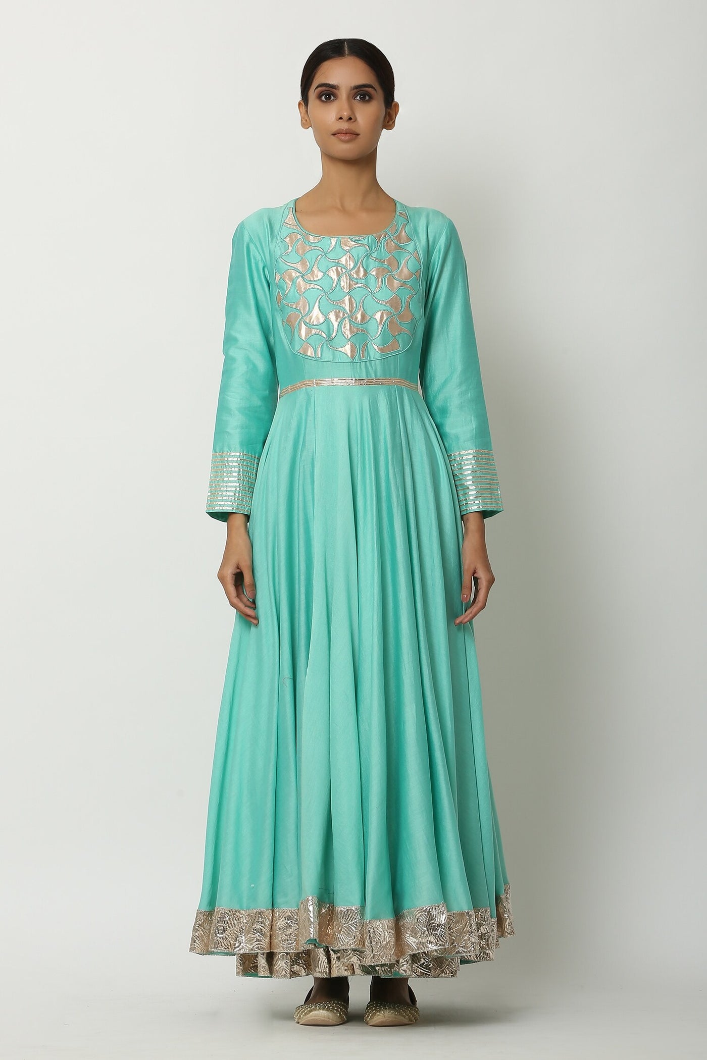 Green Chanderi Anarkali Set - Indian Clothing in Denver, CO, Aurora, CO, Boulder, CO, Fort Collins, CO, Colorado Springs, CO, Parker, CO, Highlands Ranch, CO, Cherry Creek, CO, Centennial, CO, and Longmont, CO. Nationwide shipping USA - India Fashion X