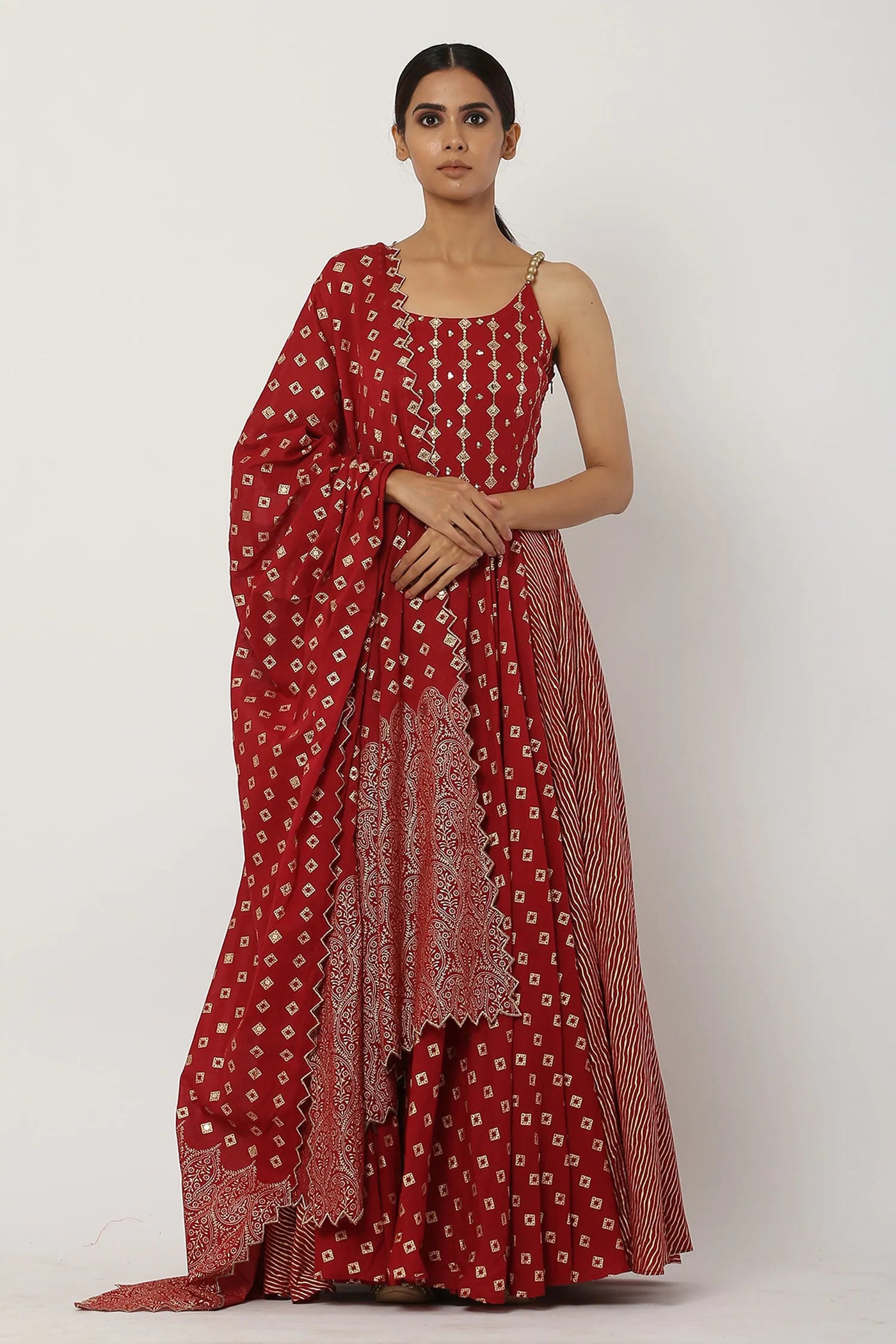 Red Beaded Anarkali Set - Indian Clothing in Denver, CO, Aurora, CO, Boulder, CO, Fort Collins, CO, Colorado Springs, CO, Parker, CO, Highlands Ranch, CO, Cherry Creek, CO, Centennial, CO, and Longmont, CO. Nationwide shipping USA - India Fashion X