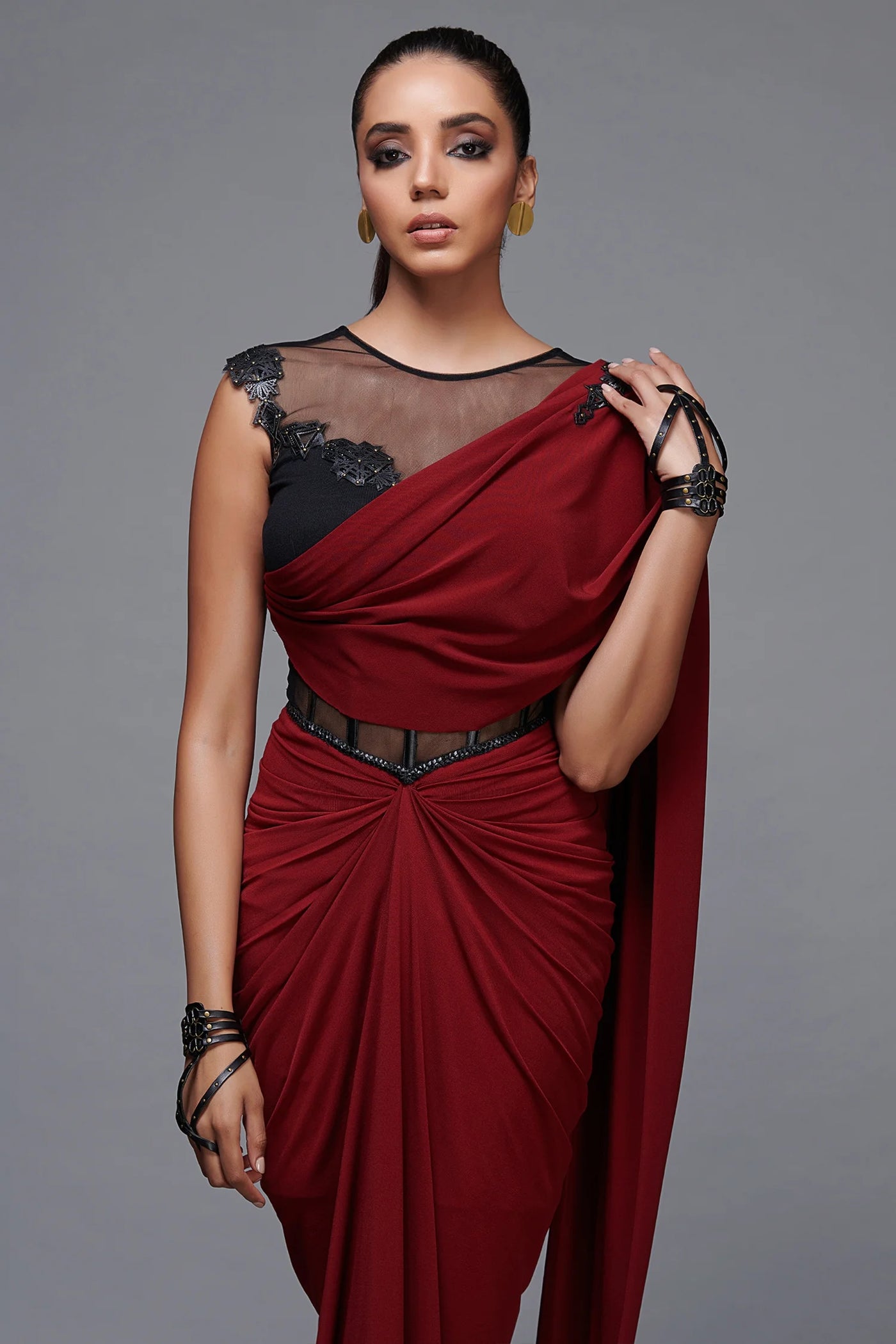 Red Poly Jersey Saree Gown - Indian Clothing in Denver, CO, Aurora, CO, Boulder, CO, Fort Collins, CO, Colorado Springs, CO, Parker, CO, Highlands Ranch, CO, Cherry Creek, CO, Centennial, CO, and Longmont, CO. Nationwide shipping USA - India Fashion X