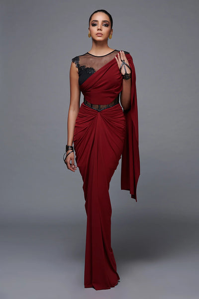 Red Poly Jersey Saree Gown - Indian Clothing in Denver, CO, Aurora, CO, Boulder, CO, Fort Collins, CO, Colorado Springs, CO, Parker, CO, Highlands Ranch, CO, Cherry Creek, CO, Centennial, CO, and Longmont, CO. Nationwide shipping USA - India Fashion X