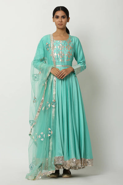 Green Chanderi Anarkali Set - Indian Clothing in Denver, CO, Aurora, CO, Boulder, CO, Fort Collins, CO, Colorado Springs, CO, Parker, CO, Highlands Ranch, CO, Cherry Creek, CO, Centennial, CO, and Longmont, CO. Nationwide shipping USA - India Fashion X