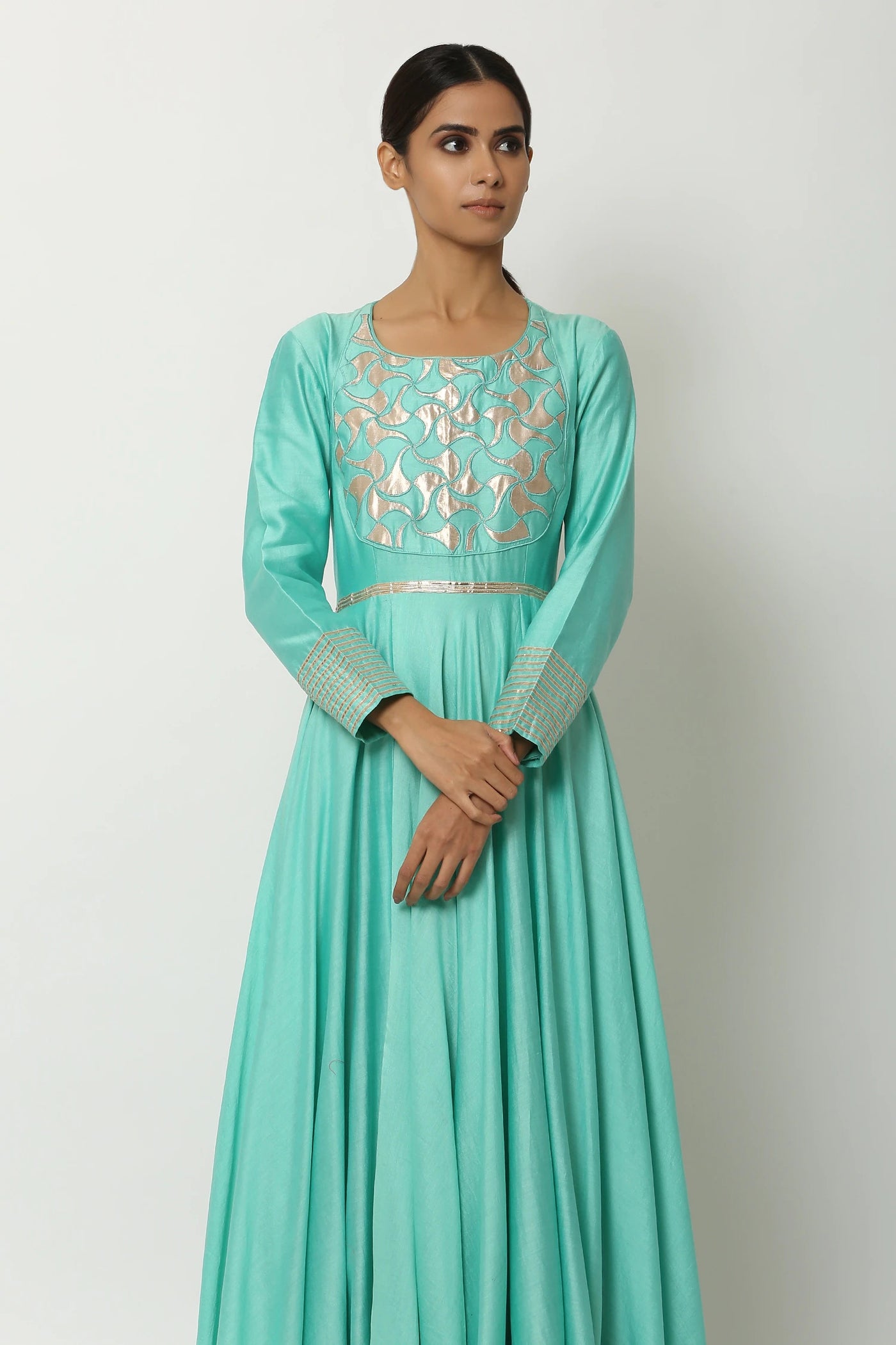 Green Chanderi Anarkali Set - Indian Clothing in Denver, CO, Aurora, CO, Boulder, CO, Fort Collins, CO, Colorado Springs, CO, Parker, CO, Highlands Ranch, CO, Cherry Creek, CO, Centennial, CO, and Longmont, CO. Nationwide shipping USA - India Fashion X