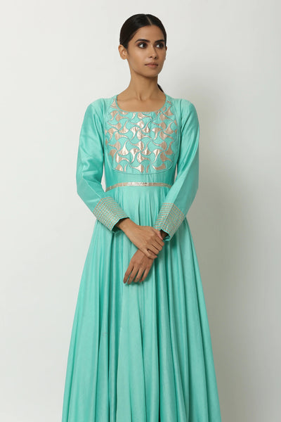 Green Chanderi Anarkali Set - Indian Clothing in Denver, CO, Aurora, CO, Boulder, CO, Fort Collins, CO, Colorado Springs, CO, Parker, CO, Highlands Ranch, CO, Cherry Creek, CO, Centennial, CO, and Longmont, CO. Nationwide shipping USA - India Fashion X