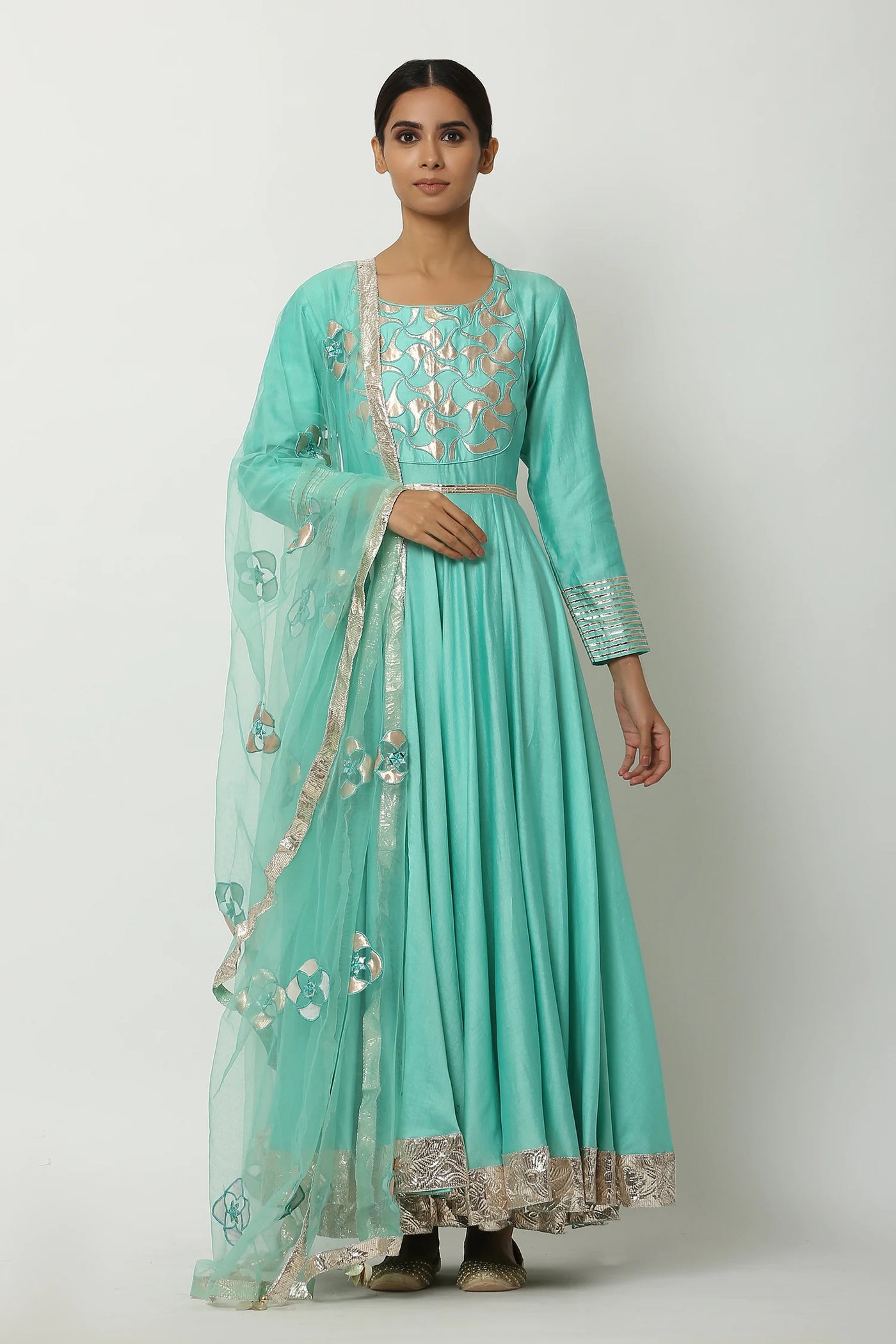 Green Chanderi Anarkali Set - Indian Clothing in Denver, CO, Aurora, CO, Boulder, CO, Fort Collins, CO, Colorado Springs, CO, Parker, CO, Highlands Ranch, CO, Cherry Creek, CO, Centennial, CO, and Longmont, CO. Nationwide shipping USA - India Fashion X