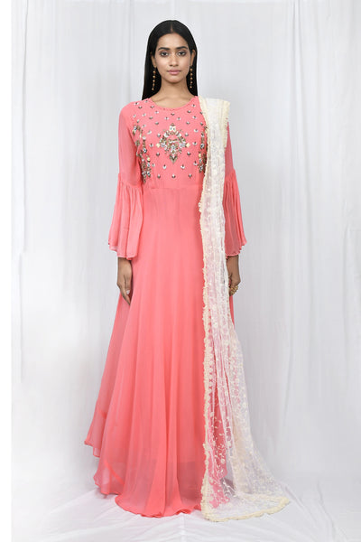 Pink Georgette Anarkali - Indian Clothing in Denver, CO, Aurora, CO, Boulder, CO, Fort Collins, CO, Colorado Springs, CO, Parker, CO, Highlands Ranch, CO, Cherry Creek, CO, Centennial, CO, and Longmont, CO. Nationwide shipping USA - India Fashion X