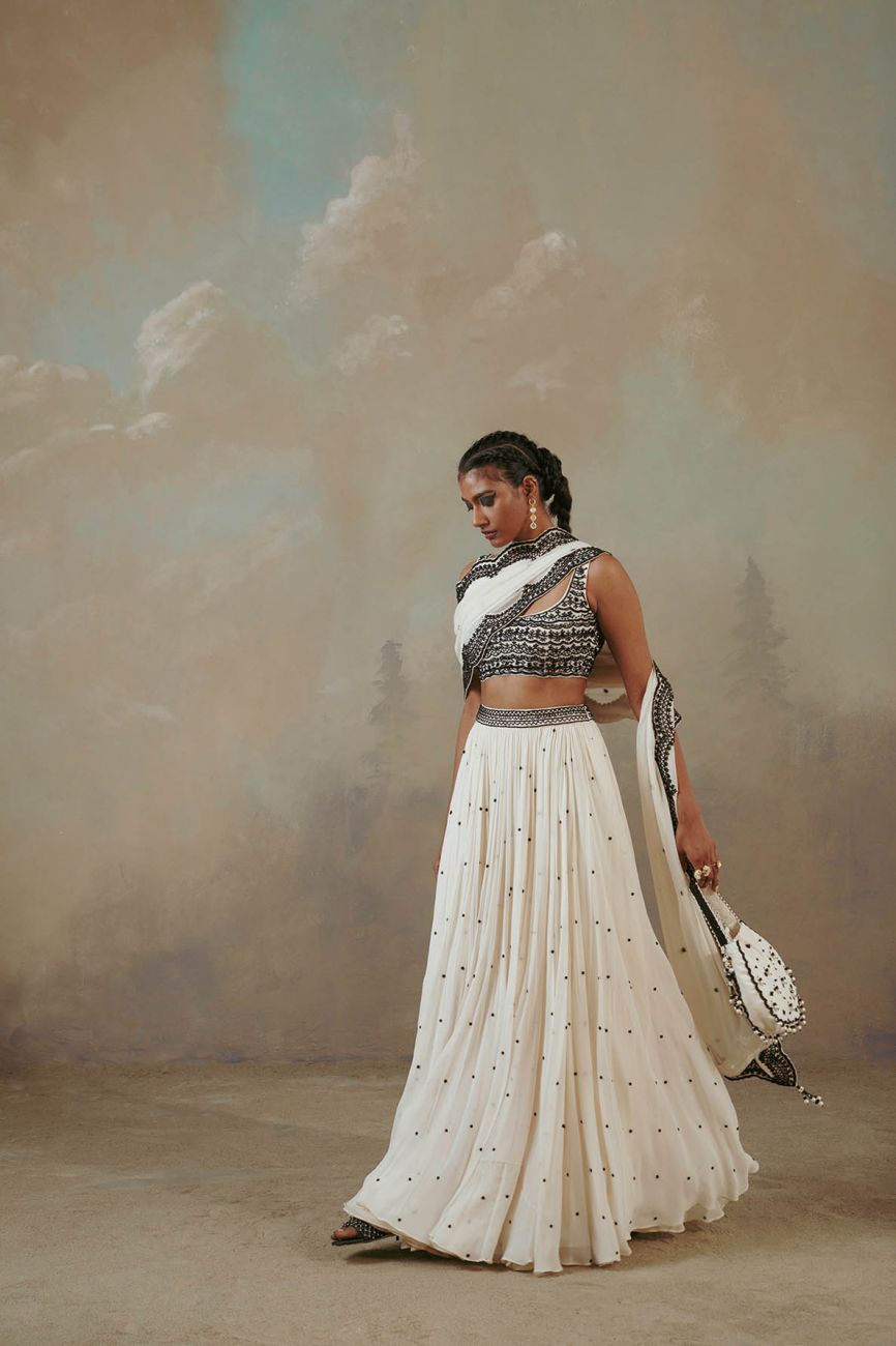 Ebony And Ivory Scalloped Lehenga Set Indian Clothing in Denver, CO, Aurora, CO, Boulder, CO, Fort Collins, CO, Colorado Springs, CO, Parker, CO, Highlands Ranch, CO, Cherry Creek, CO, Centennial, CO, and Longmont, CO. NATIONWIDE SHIPPING USA- India Fashion X