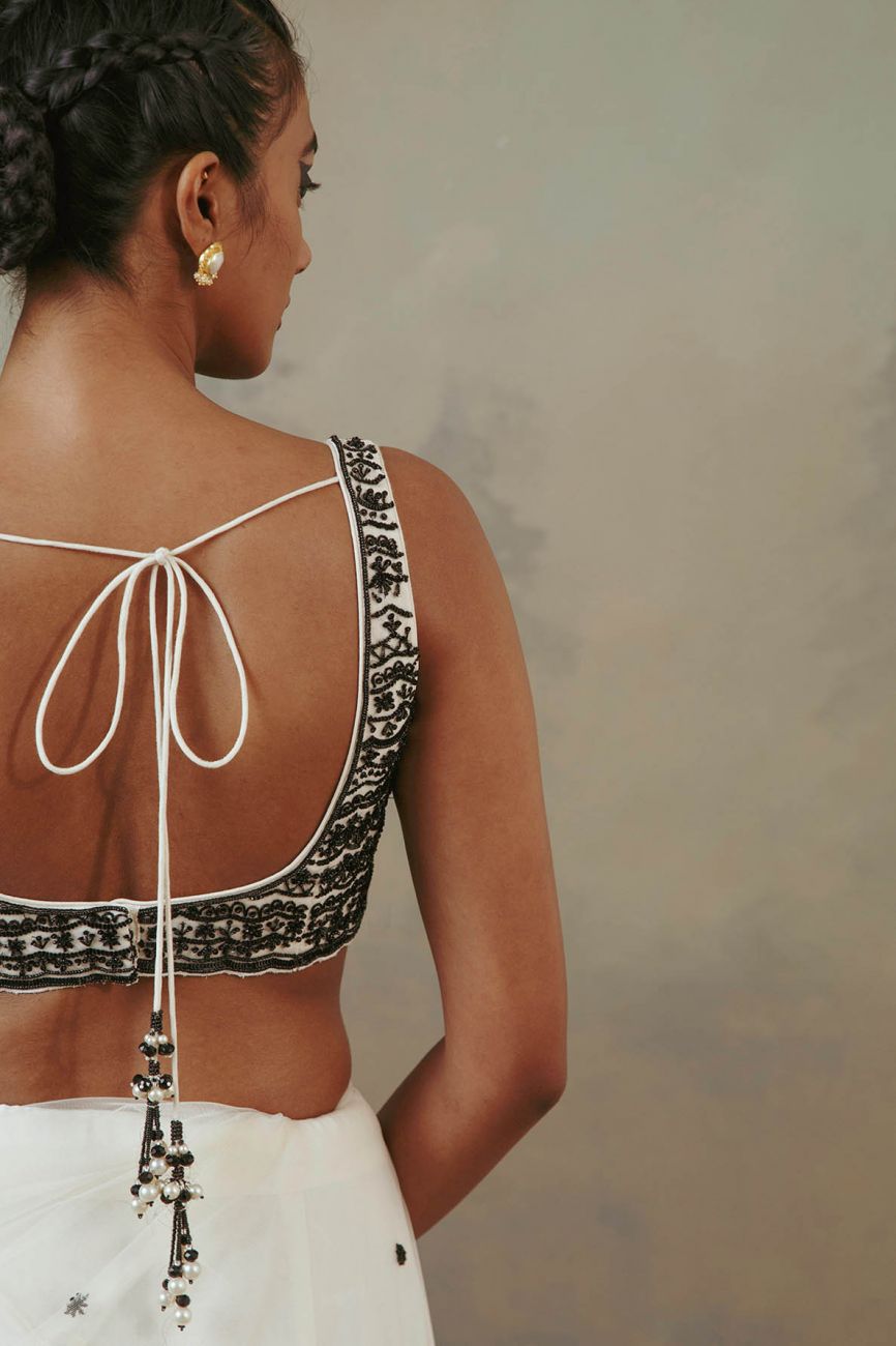 Ebony And Ivory Scalloped Saree Indian Clothing in Denver, CO, Aurora, CO, Boulder, CO, Fort Collins, CO, Colorado Springs, CO, Parker, CO, Highlands Ranch, CO, Cherry Creek, CO, Centennial, CO, and Longmont, CO. NATIONWIDE SHIPPING USA- India Fashion X
