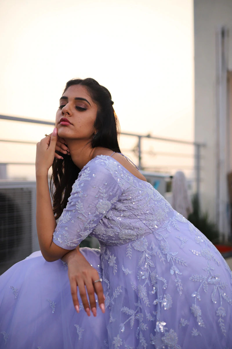 light purple indian dress Lavender Anarkali Gown: Embroidered Georgette Indian Dress With Dupatta