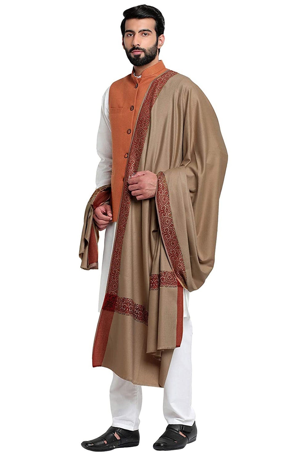 Wool Dupatta Stole for Men- Beige Indian Clothing in Denver, CO, Aurora, CO, Boulder, CO, Fort Collins, CO, Colorado Springs, CO, Parker, CO, Highlands Ranch, CO, Cherry Creek, CO, Centennial, CO, and Longmont, CO. NATIONWIDE SHIPPING USA- India Fashion X