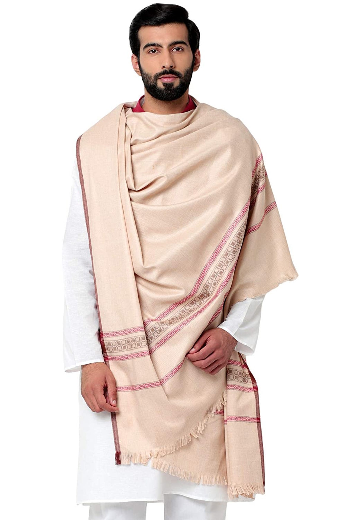 Wool Dupatta Stole for Men- Beige Indian Clothing in Denver, CO, Aurora, CO, Boulder, CO, Fort Collins, CO, Colorado Springs, CO, Parker, CO, Highlands Ranch, CO, Cherry Creek, CO, Centennial, CO, and Longmont, CO. NATIONWIDE SHIPPING USA- India Fashion X