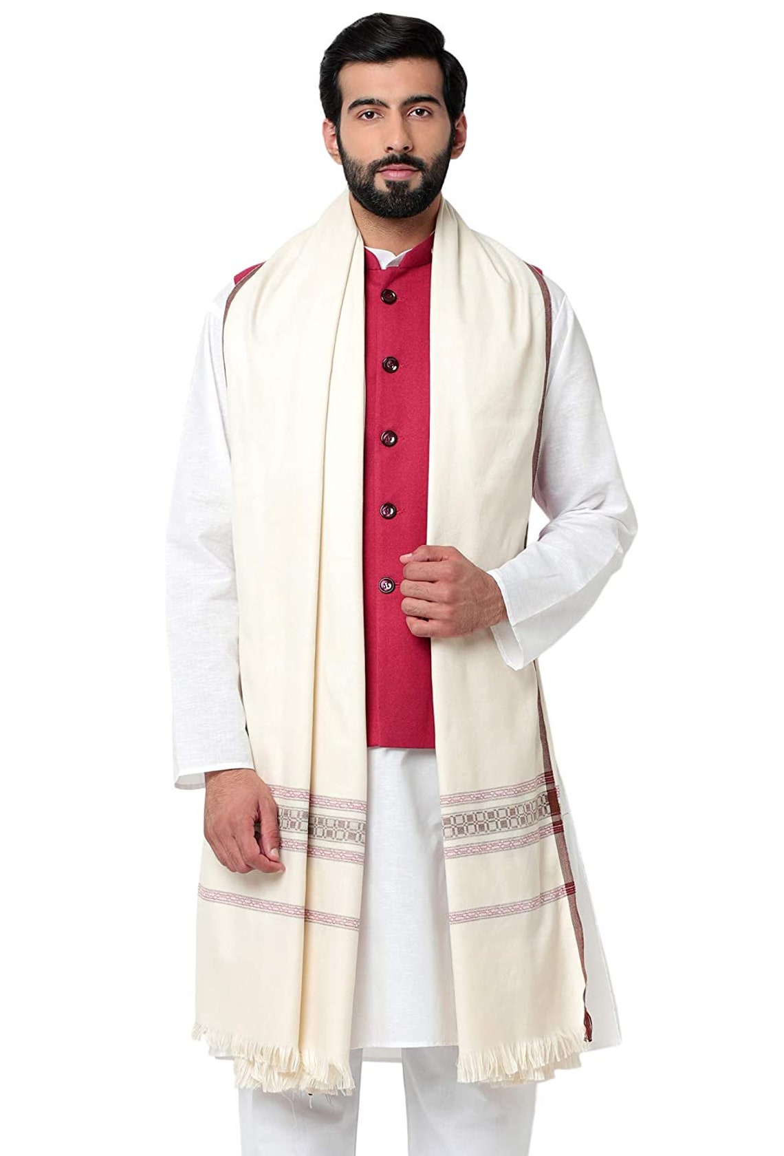 Wool Dupatta Stole for Men- Beige Indian Clothing in Denver, CO, Aurora, CO, Boulder, CO, Fort Collins, CO, Colorado Springs, CO, Parker, CO, Highlands Ranch, CO, Cherry Creek, CO, Centennial, CO, and Longmont, CO. NATIONWIDE SHIPPING USA- India Fashion X