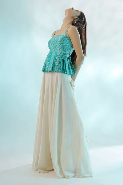 Blue Chanderi Peplum Palazzo Set Indian Clothing in Denver, CO, Aurora, CO, Boulder, CO, Fort Collins, CO, Colorado Springs, CO, Parker, CO, Highlands Ranch, CO, Cherry Creek, CO, Centennial, CO, and Longmont, CO. NATIONWIDE SHIPPING USA- India Fashion X