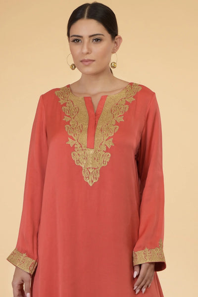 Coral Modal Satin Kaftan Indian Clothing in Denver, CO, Aurora, CO, Boulder, CO, Fort Collins, CO, Colorado Springs, CO, Parker, CO, Highlands Ranch, CO, Cherry Creek, CO, Centennial, CO, and Longmont, CO. NATIONWIDE SHIPPING USA- India Fashion X