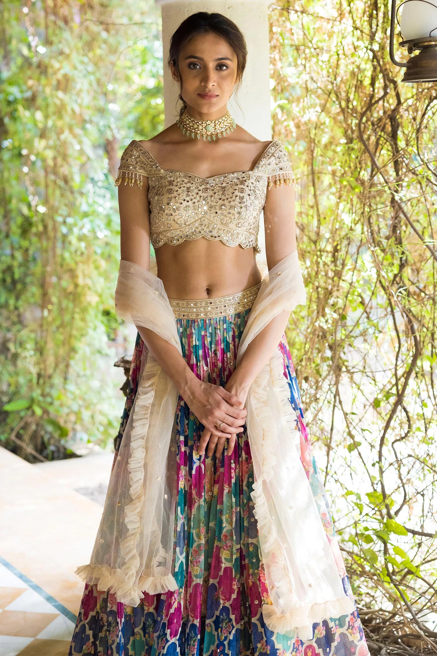 Printed Off-shoulder Lehenga Set - Indian Clothing in Denver, CO, Aurora, CO, Boulder, CO, Fort Collins, CO, Colorado Springs, CO, Parker, CO, Highlands Ranch, CO, Cherry Creek, CO, Centennial, CO, and Longmont, CO. Nationwide shipping USA - India Fashion X
