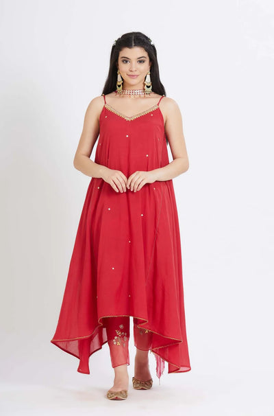 Red Cotton Silk Tunic Set - Indian Clothing in Denver, CO, Aurora, CO, Boulder, CO, Fort Collins, CO, Colorado Springs, CO, Parker, CO, Highlands Ranch, CO, Cherry Creek, CO, Centennial, CO, and Longmont, CO. Nationwide shipping USA - India Fashion X