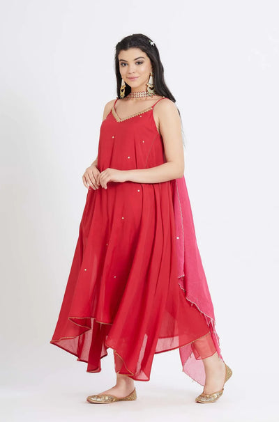 Red Cotton Silk Tunic Set - Indian Clothing in Denver, CO, Aurora, CO, Boulder, CO, Fort Collins, CO, Colorado Springs, CO, Parker, CO, Highlands Ranch, CO, Cherry Creek, CO, Centennial, CO, and Longmont, CO. Nationwide shipping USA - India Fashion X