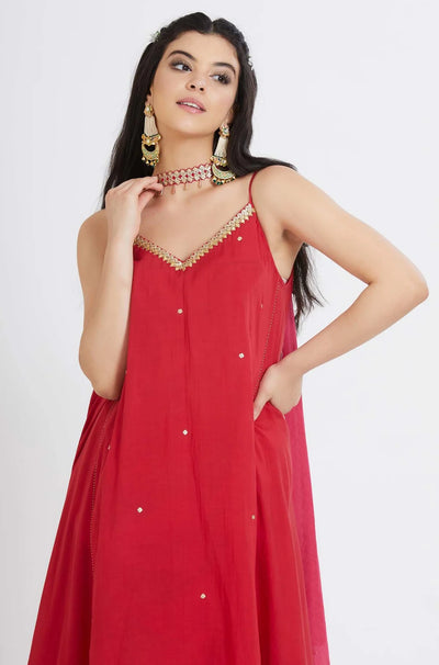 Red Cotton Silk Tunic Set - Indian Clothing in Denver, CO, Aurora, CO, Boulder, CO, Fort Collins, CO, Colorado Springs, CO, Parker, CO, Highlands Ranch, CO, Cherry Creek, CO, Centennial, CO, and Longmont, CO. Nationwide shipping USA - India Fashion X