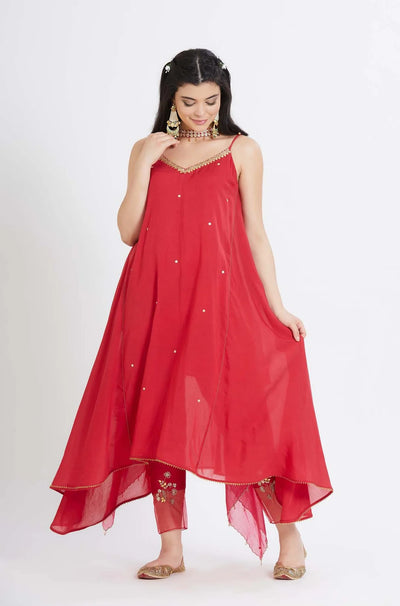 Red Cotton Silk Tunic Set - Indian Clothing in Denver, CO, Aurora, CO, Boulder, CO, Fort Collins, CO, Colorado Springs, CO, Parker, CO, Highlands Ranch, CO, Cherry Creek, CO, Centennial, CO, and Longmont, CO. Nationwide shipping USA - India Fashion X