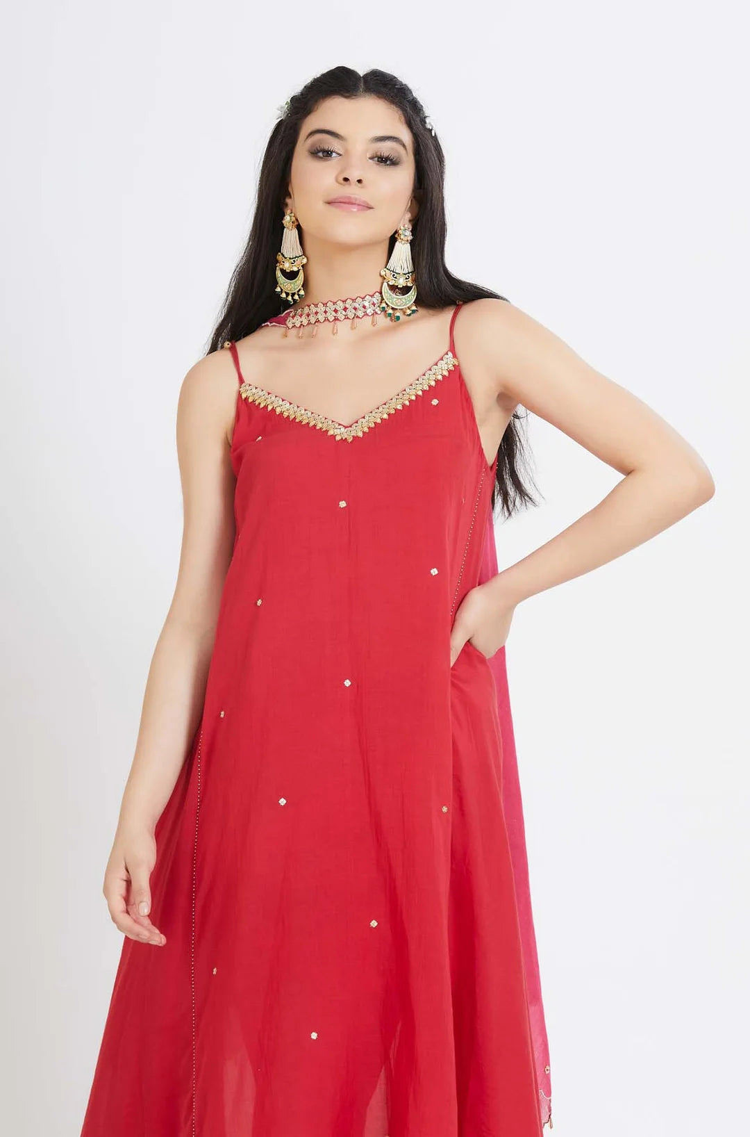 Red Cotton Silk Tunic Set - Indian Clothing in Denver, CO, Aurora, CO, Boulder, CO, Fort Collins, CO, Colorado Springs, CO, Parker, CO, Highlands Ranch, CO, Cherry Creek, CO, Centennial, CO, and Longmont, CO. Nationwide shipping USA - India Fashion X