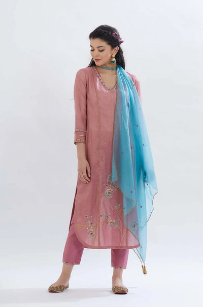 Old Rose Embroidered Kurta Set - Indian Clothing in Denver, CO, Aurora, CO, Boulder, CO, Fort Collins, CO, Colorado Springs, CO, Parker, CO, Highlands Ranch, CO, Cherry Creek, CO, Centennial, CO, and Longmont, CO. Nationwide shipping USA - India Fashion X