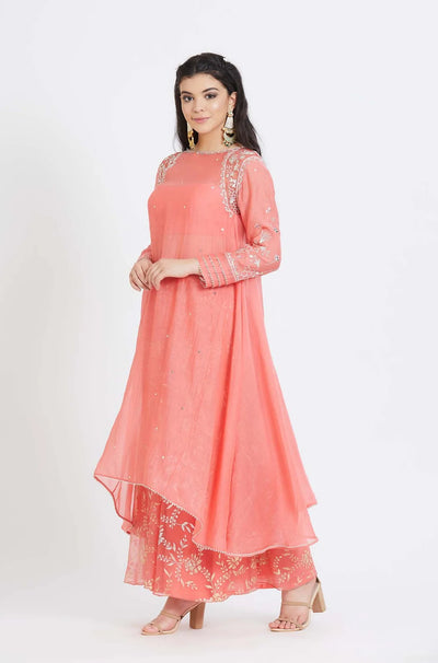 Coral Embroidered Kurta Set - Indian Clothing in Denver, CO, Aurora, CO, Boulder, CO, Fort Collins, CO, Colorado Springs, CO, Parker, CO, Highlands Ranch, CO, Cherry Creek, CO, Centennial, CO, and Longmont, CO. Nationwide shipping USA - India Fashion X