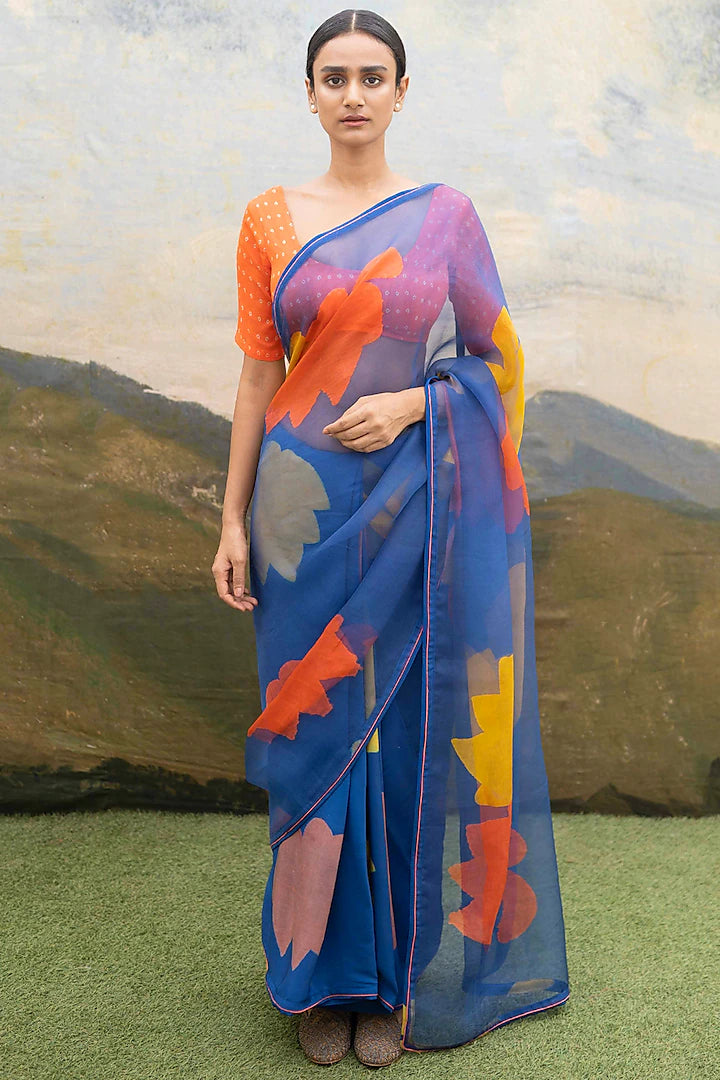 Blue Hand Block Saree - Indian Clothing in Denver, CO, Aurora, CO, Boulder, CO, Fort Collins, CO, Colorado Springs, CO, Parker, CO, Highlands Ranch, CO, Cherry Creek, CO, Centennial, CO, and Longmont, CO. Nationwide shipping USA - India Fashion X