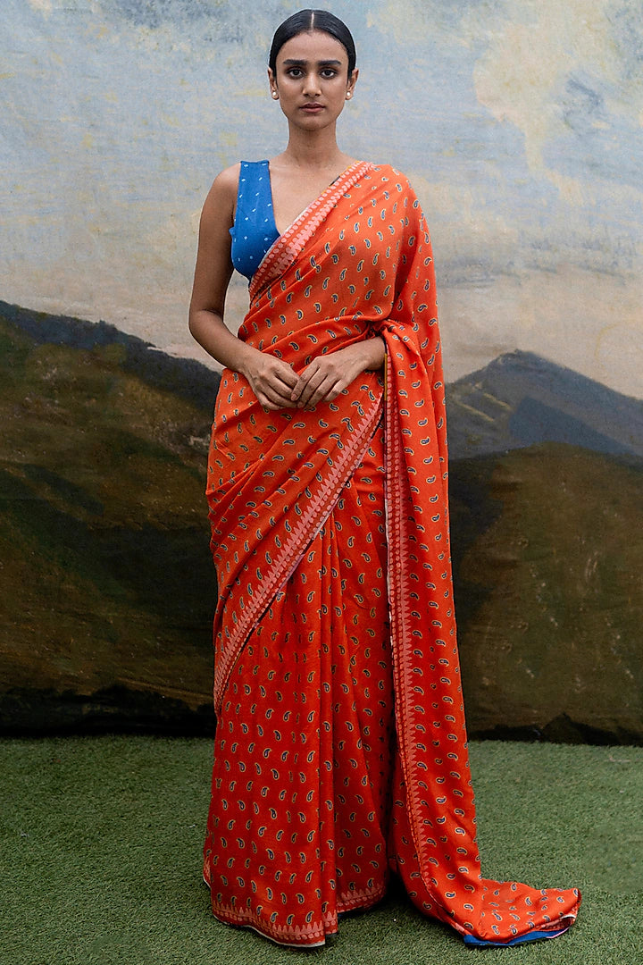 Orange Silk Paisley Saree - Indian Clothing in Denver, CO, Aurora, CO, Boulder, CO, Fort Collins, CO, Colorado Springs, CO, Parker, CO, Highlands Ranch, CO, Cherry Creek, CO, Centennial, CO, and Longmont, CO. Nationwide shipping USA - India Fashion X